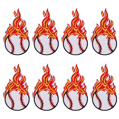 8Pcs Baseball with Fire Polyester Computerized Embroidery Cloth Iron on/Sew on Patches PATC-HY0002-01-1