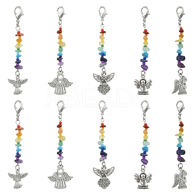 30Pcs 5 Styles Chakra Natural & Synthetic Gemstone Chips & Alloy Angel Pendant Decoration HJEW-YW00067-1