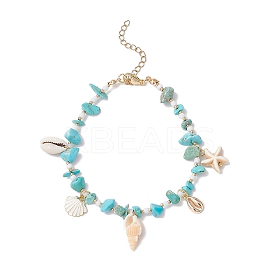 Summer Beach Synthetic Turquoise Chip Starfish & Natural Shell & Alloy Enamel Charm Anklets X1-AJEW-TA00037-1