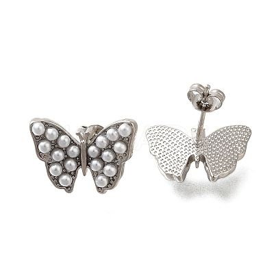 Rack Plating Butterfly Brass & ABS Imitation Pearl Stud Earrings EJEW-I310-14P-1
