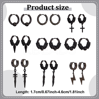 18Pcs 9 Style 304 Stainless Steel Cone & Column Beaded Hoop Earrings EJEW-AN0003-34-1