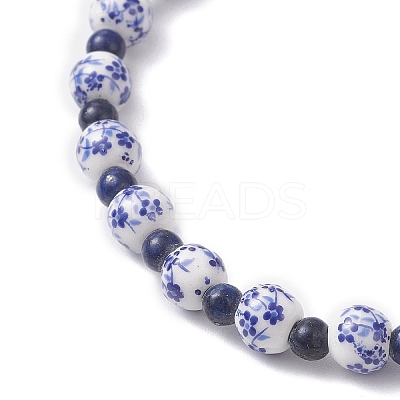 Handmade Flower Printed Porcelain Ceramic & Natural Lapis Lazuli Beads Stretch Bracelets for Women BJEW-JB12932-1