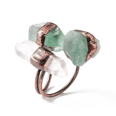 Natural Fluorite & Quartz Crystal Irregular Nugget Open Cuff Ring RJEW-I082-07R-03-1