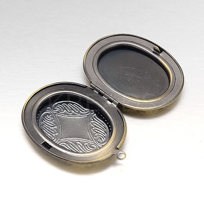 Carved Oval Rack Plating Brass Locket Pendant Cabochon Settings KK-N0096-13AB-FF-1