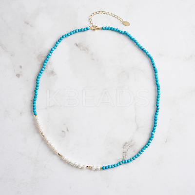 Faceted Round Natural Turquoise & Shell Pearl Beaded Necklaces NJEW-L125-005G-01-1