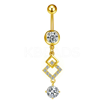 304 Stainless Steel Pave Clear Cubic Zirconia Curved Barbell Rhombus Dangle Belly Rings FS-WGF29F0-08-1