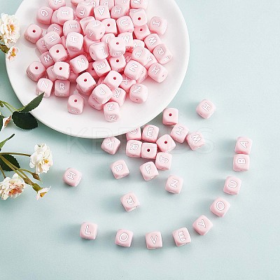 20Pcs Pink Cube Letter Silicone Beads 12x12x12mm Square Dice Alphabet Beads with 2mm Hole Spacer Loose Letter Beads for Bracelet Necklace Jewelry Making JX435F-1