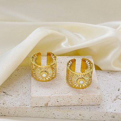 Hollow Out Flower 304 Stainless Steel with Natural Shell Cuff Open Rings for Women FS-WGFCCCD-01-1