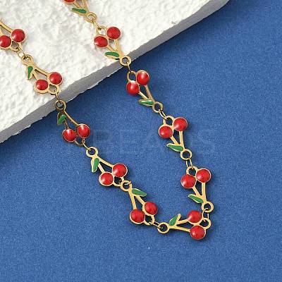 304 Stainless Steel Enamel Red Cherry Link Chain Necklaces for Women NJEW-K249-23P-1
