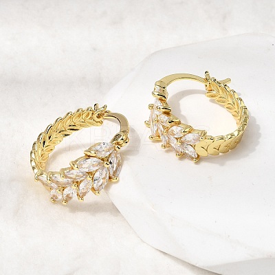 Leaf Brass Micro Pave Cubic Zirconia Hoop Earrings EJEW-P333-03G-1