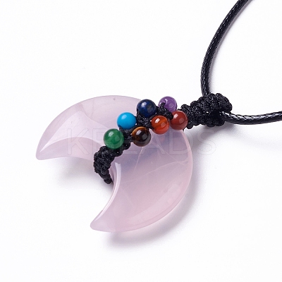 Adjustable Natural Rose Quartz Double Horn Pendant Necklace with Wax Cord for Women NJEW-B086-01I-1