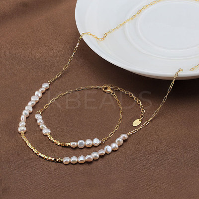 Natural Pearl Beaded Bracelet with 925 Sterling Silver Paperclip Chains BJEW-Z025-06G-1