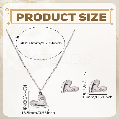 Stainless Steel Pave Colorful Cubic Zirconia Heart Necklaces & Stud Earrings Sets for Women SJEW-LP0001-42P-1