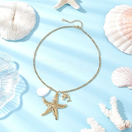 Summer Beach 304 Stainless Steel Starfish Dolphin & Natural Freshwater Shell Teardrop Pendant Necklaces for Women NJEW-JN05402-1
