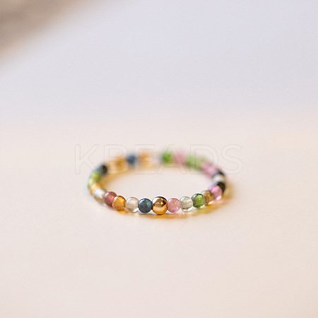 Natural Rainbow Tourmaline Round Beaded Finger Rings WGDC3AE-03-1