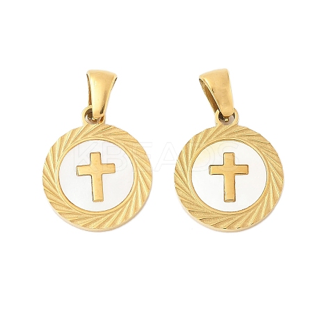 304 Stainless Steel Pave Natural White Shell Flat Round Pendant Necklaces STAS-R168-23G-01-1