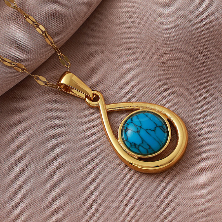 Vintage 304 Stainless Steel & Dyed Synthetic Turquoise Teardrop Pendant Necklaces for Women IA9439-1
