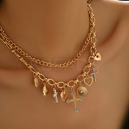 Alloy Crystal Rhinestone and Enamel Cross Heart Multi-Charm Double Layer Necklaces for Women WGEBEB6-01-1