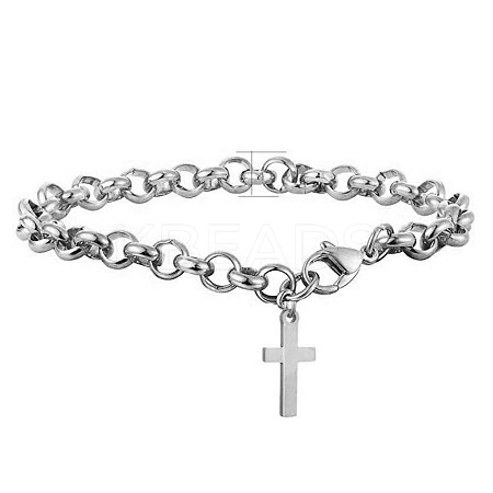 Tarnish Resistant Stainless Steel Cross Charm Bracelet with Rolo Chains for Easter EAER-PW0001-190B-1