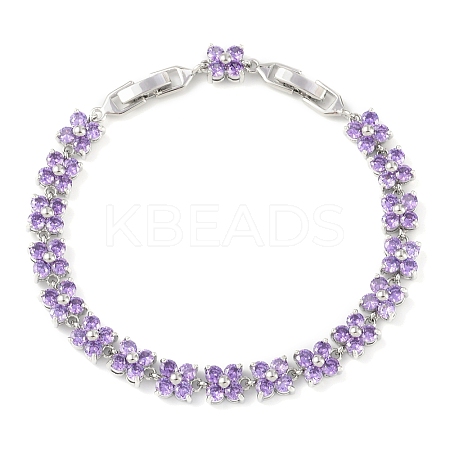 Noble Gift Ideas for Lady Platinum Tone Brass Micro Pave Cubic Zirconia CZ Flower Link Chain Bracelets BJEW-L472-05-1-1