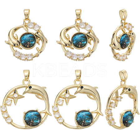 6Pcs 2 Styles Brass Micro Pave Clear Cubic Zirconia with Glass Pendants KK-BBC0019-04-1