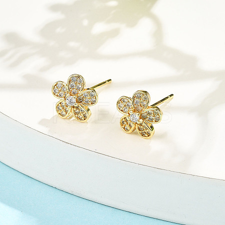Flower Brass Micro Pave Clear Cubic Zirconia Stud Earrings EJEW-H162-03G-1