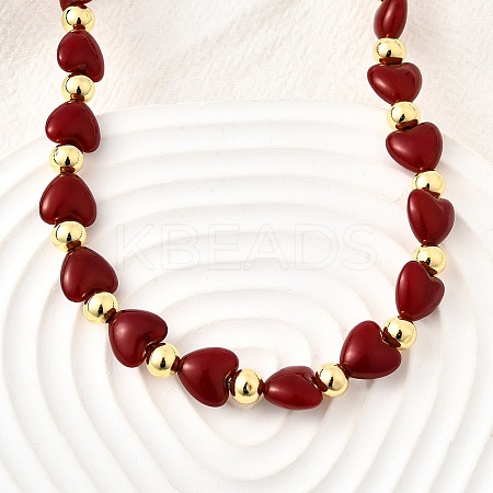 Brass & ABS Imitation Pearl Heart and Round Beaded Necklaces for Women NJEW-D314-11C-G-1