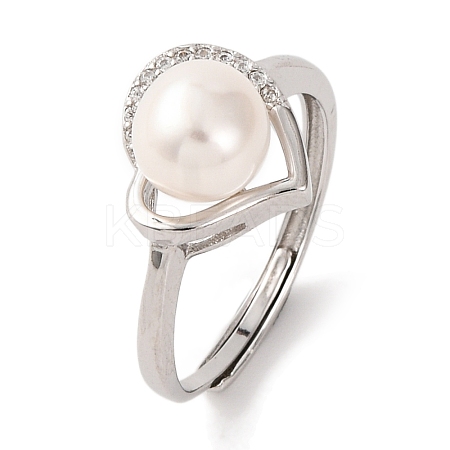 Heart Plated 925 Sterling Silver Clear Cubic Zirconia Adjustable Rings RJEW-C110-05P-1