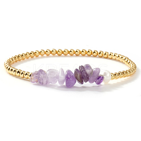 Brass & Natural Amethyst Chip Beads Stretch Bracelets for Women DR0558-4-1