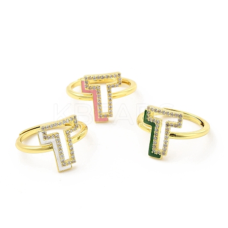 Mixed Color Enamel Initial Letter Adjustable Ring with Clear Cubic Zirconia RJEW-P045-01G-T-1