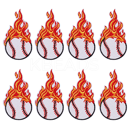 8Pcs Baseball with Fire Polyester Computerized Embroidery Cloth Iron on/Sew on Patches PATC-HY0002-01-1