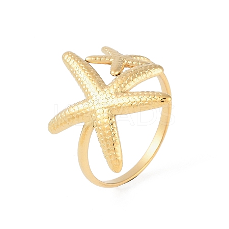 Ion Plating(IP) 304 Stainless Steel Starfish Open Cuff Rings for Women RJEW-S418-03G-1