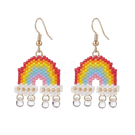 Glass Seed Rainbow with Teardrop Dangle Earrings EJEW-MZ00016-1