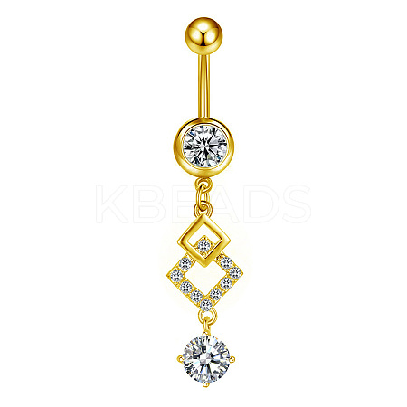 304 Stainless Steel Pave Clear Cubic Zirconia Curved Barbell Rhombus Dangle Belly Rings FS-WGF29F0-08-1