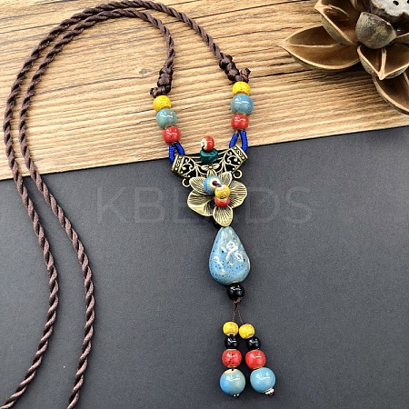 Ethnic Style Flower Alloy & Porcelain Tassel Pendant Long Necklaces for Women FS-WGC9E4C-01-1