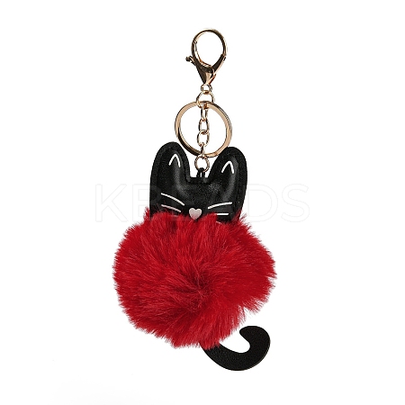 Cute Cat PU Leather & Imitate Rex Rabbit Fur Ball Keychain KEYC-C005-01E-1