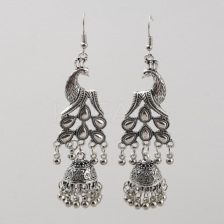 Tibetan Style Alloy Peacock with Bell Chandelier Earrings EJEW-WH0010-42AS-1