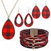 Tartan Pattern Imitation Leather Teardrop Pendant Necklace & Dangle Earrings & Multi-Strand Bracelet JX529B-1