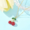 Brass Resin Fruit Cherry Pendant Satellite Chain Necklaces with Green Cubic Zirconia Leaf for Women NJEW-D306-03G-4