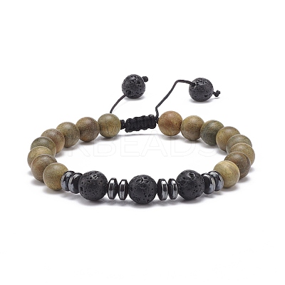 Natural Lava Rock & Wood Braided Bead Bracelet BJEW-JB08537-1