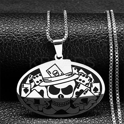 Oval with Skull 201 Stainless Steel Pendant Necklaces NJEW-K253-31P-1