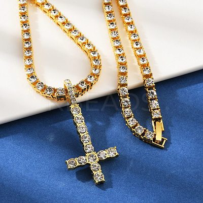 Alloy Full Crystal Rhinestone Christian Inverted Cross Pendant Necklaces NJEW-P333-01G-1