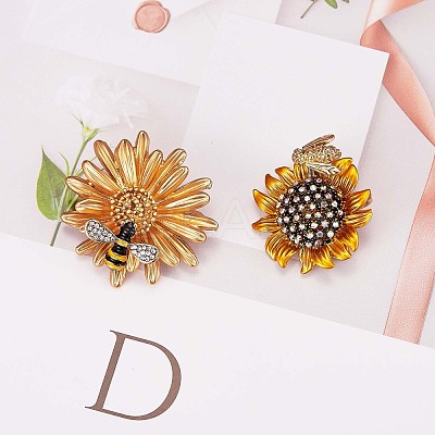 2Pcs 2 Style Sunflower and Bee Clear Cubic Zirconia Badges Pins with Enamel JX167A-1