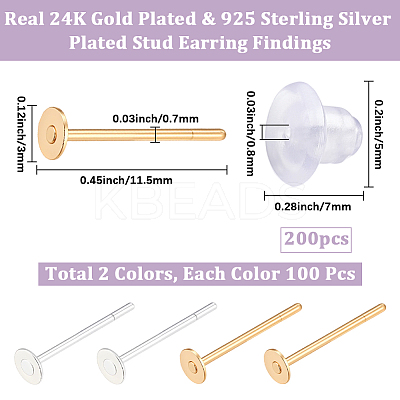 200Pcs 2 Colors 304 Stainless Steel Stud Earring Findings STAS-BBC0009-92A-1