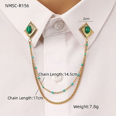 304 Stainless Steel & Dyed Stone Rhombus Hanging Chain Brooch JEWB-S021-01G-01-1