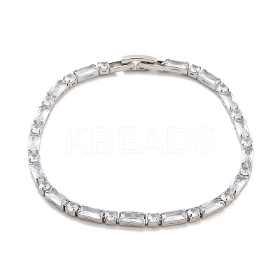 Brass Pave Clear Cubic Zirconia Rectangle & Flat Round Link Bracelets BJEW-B094-02A-1
