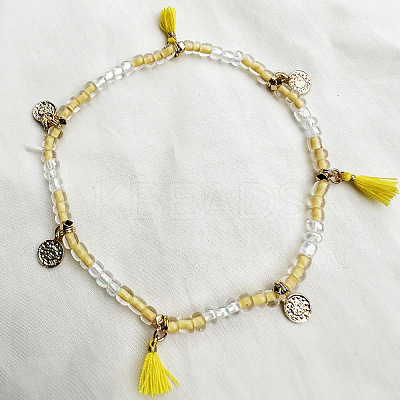 Bohemian Style Alloy Coin Charm Tassel Plastic Seed Beaded Stretch Anklets FS-WGB8A48-17-1