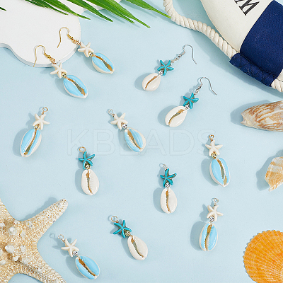 40Pcs 4 Colors Cowrie Shell & Dyed Synthetic Turquoise Starfish Pendants PALLOY-SC0004-40-1