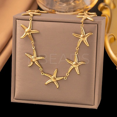 304 Stainless Steel Starfish Link Chain Necklaces for Women LS-NJEW-G179-01G-1