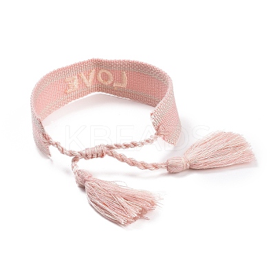 Word Love Polycotton(Polyester Cotton) Braided Bracelet with Tassel Charm LS-BJEW-F429-07-1